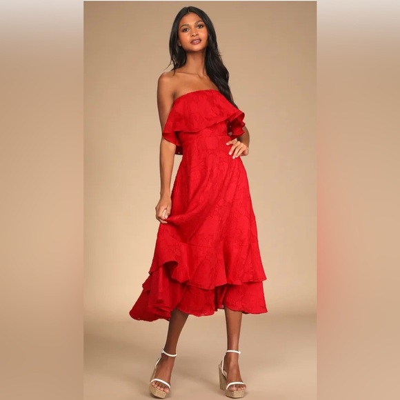 Lulus Dresses & Skirts - Lulus Love You So Truly Red Burnout Floral Strapless Midi Dress. Size XL.